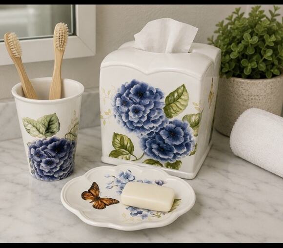 Lenox Other - Lenox Blue floral Bathroom Set Tissue Holder Toothbrush Soap Dish Butterfly
